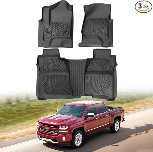 Floor Mats for 2014-2018 Chevy Silverado/GMC Sierra 1500 Crew Cab, 15-19 Silverado/Sierra 2500HD 3500HD, TPE Automotive All Weather Cover Protection Waterproof Black Floor Liner Front & Rear Row