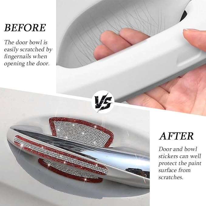 8PCS Bling Car Door Handle Protector, Crystal Rhinestone Anti-Scratch Vehicle Door Handle Bowl Stickers, Glitter Automotive Exterior Decal Accessories, Universal for Vehicles (Red/White)