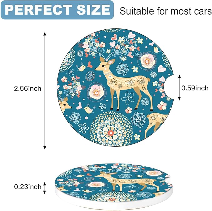 Car Cup Holder Coaster Set of 2, 2.56 in Ceramic Coasters, Scratch-Resistant Cork Backing, Finger Groove Design for Easy Placement, Cute Car Accessories Interior for Women (Blue Fawn)