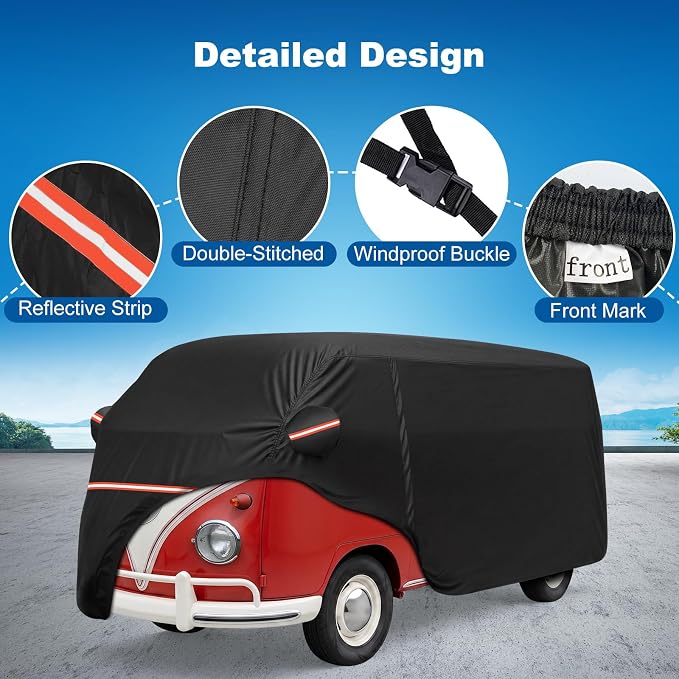 QUNSUNUS Car Cover for VW Bus T1 T2 T3 1950-1992, Waterproof VW Bus Cover with Cotton Lining, All Weather VW Van Cover with Straps and Zipper for Wind, Sun, UV and Dust Protection