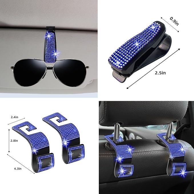 NBTEPEM 30 Pcs Blue Bling Car Accessories Set for Women, Blue Steering Wheel Cover Set, Bling Console Cover, Seat Belt Cushion, Shift Knob Cushion, Cup Coaster, Rhinestone Car Hanging Accessories