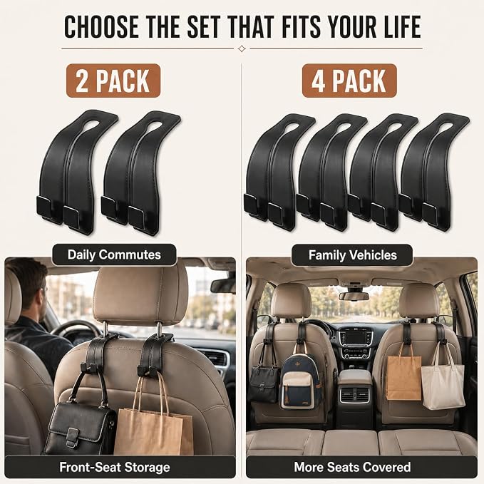 vidonio Car Headrest Hooks, 4 Pack 360° Rotating Double Hooks with Leather-Wrapped Metal Core, Heavy Duty Seat Back Purse Holder for Handbags, Grocery Bags and Backpacks, Black