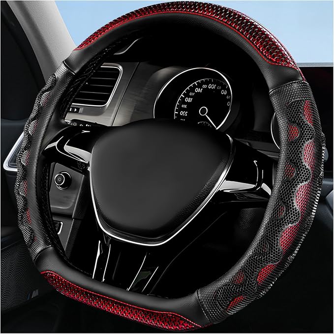 Car Steering Wheel Cover, Anti-Slip Breathable Steering Wheel Protector with 3D Honeycomb Design, Sporty Elastic Protective Cover for 14.5-15 Inch Flat Bottom Steering Wheels (Red)