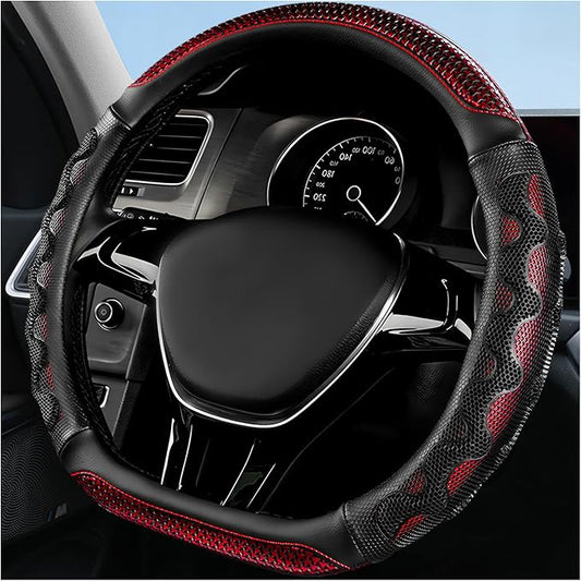 Car Steering Wheel Cover, Anti-Slip Breathable Steering Wheel Protector with 3D Honeycomb Design, Sporty Elastic Protective Cover for 14.5-15 Inch Flat Bottom Steering Wheels (Red)