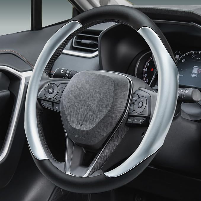 Yangday Leather Steering Wheel Cover for Toyota RAV4 Corolla Camry Highlander, 14.5-15 inches Car Steering Wheel Cover with Non-Slip Breathable (Bright Silver)