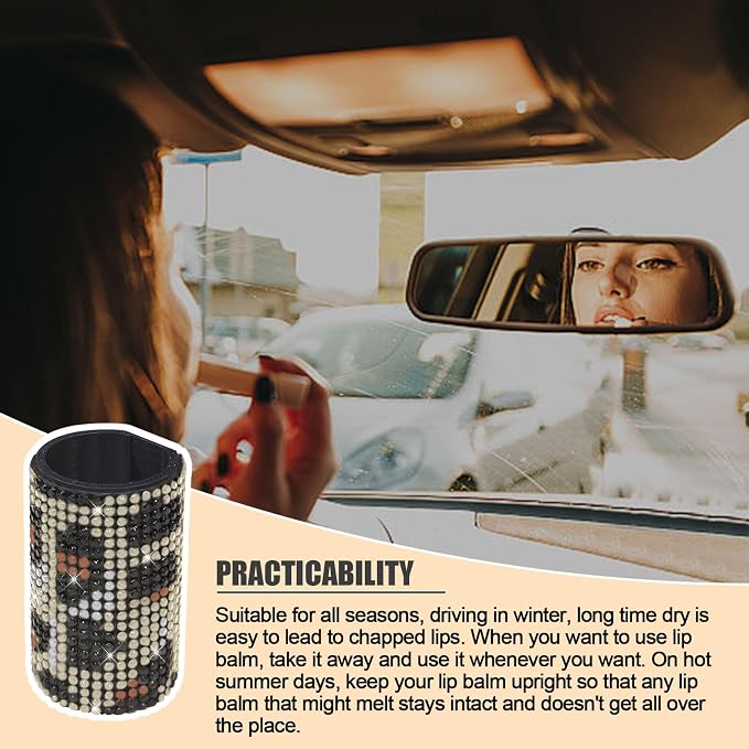 Upright Car Chapstick Holder, Bling Insulating Lip Balm Holder,Rhinestone Car Accessories for Women Interior ,Suitable for Most Vehicles. (Leopard print)