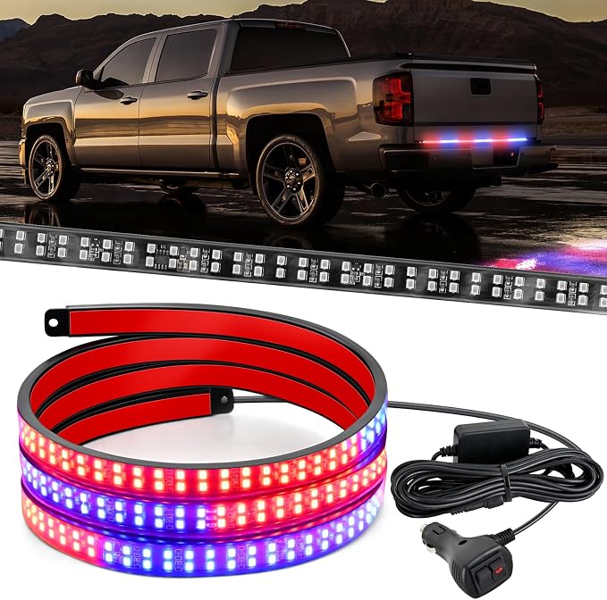 Nilight 60 Inch Truck Tailgate Strobe Light Strip Tail Emergency Bar Rear Window Warning Lamp Ultra-Bright Double Row 360 LED for Pickup Trailers Construction Vehicles Car SUV, Red Blue