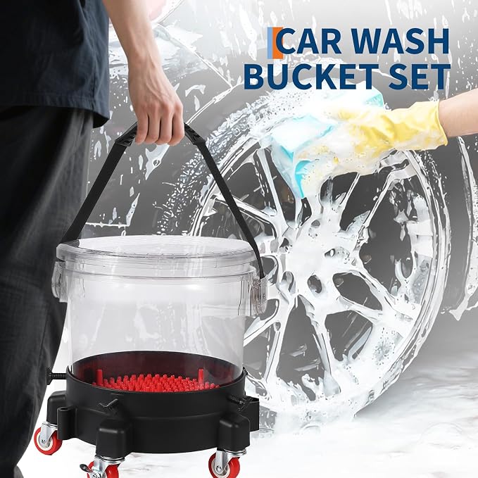 5 Gallon Car Wash Bucket Kit w/ 5-Caster Dolly, 15.5L Bucket, Filter Grids, Rubber Handle and Lid, 300LB Capacity Rolling Detailing System for Auto Cleaning, Heavy-Duty (Transparent)