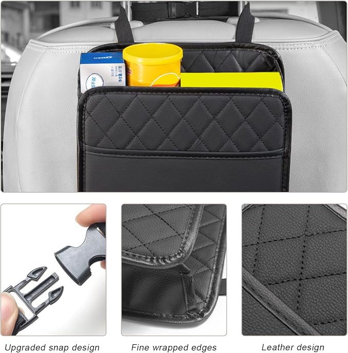 DXNQ 2 PCS Car Seat Back Organizer, Large Capacity Foldable Car Seat Back Hanging Bag with 3 Extra Pockets, Waterproof Leather Auto Seats Storage Organizer, Car Travel Essentials Accessories (Black)