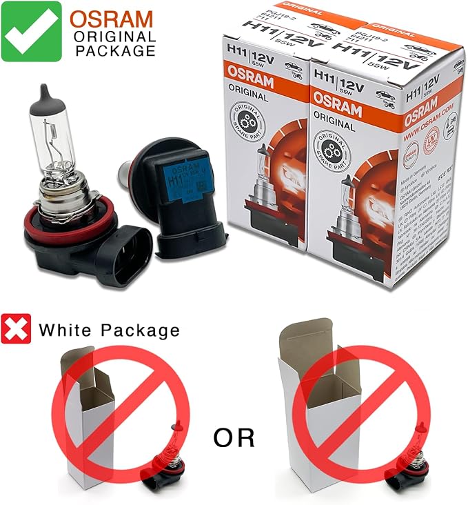OSRAM H11 OEM Original Standard Halogen Headlight Bulbs 12V 55W 64211L+ (Long Life) Made in Germany | Pack of 2 | Long Life, 3200K, 12V, 55W, PGJ19-2 Base, Made in Germany