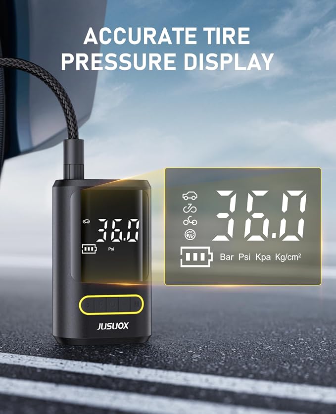 JUSUOX Tire Inflator Portable Air Compressor, Electric Bike Pump with Digital Pressure Gauge, 150 PSI Cordless Air Pump for Car Tires, Motorcycle, Bicycle, Ball with Auto Shutoff, LED Light