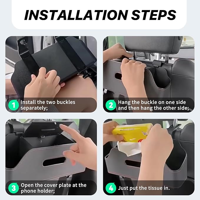 Car Headrest Backseat Organizer, Multi-Functional Vehicle Headrest Hanging Storage Box with Hook Cup Phone Holder Tissue Box, Universal Automotive Interior Seat Back Organizer (Beige)