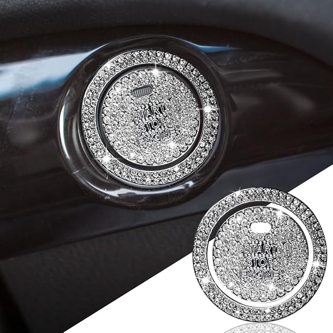 Bling Crystal Car Engine Start Ring Sticker, Sparkling Rhinestone Push Start Button Decorative Cover, Anti-Scratch Key Ignition & Knob Bling Ring Car Interior Accessories for Women (White2)
