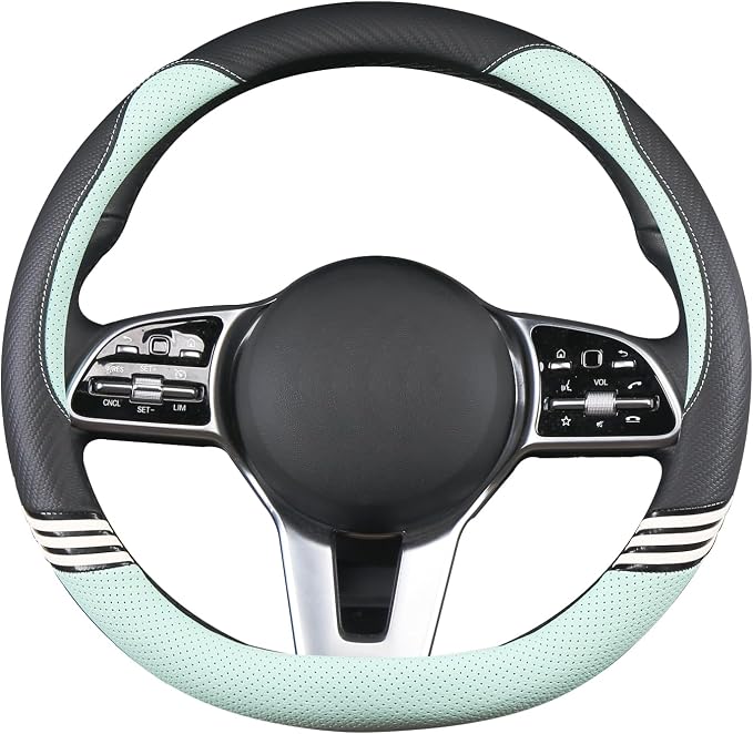 15 inch Cute Leather D Shape Steering Wheel Cover Black Green | Breathable Faux Leather and Carbon Fiber Flat Bottom Car Accessories for Women Men Universal 14.5 inch to 15 inch