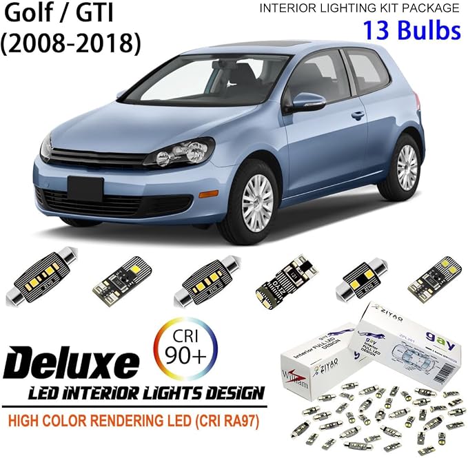 PL9108A - LED Interior Light Kit Package Replacement for Volkswagen Golf GTI MK6 MK7, Xenon White Dome Light Bulbs Upgrade Error Free (MK6/MK7 2008-2018 (13 Bulbs))