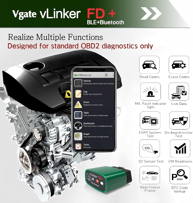 Vgate vLinker FD+ OBD2 Bluetooth Adapter – Diagnostic Code Reader for iOS, Android & Windows (Supports MS-CAN, ELM327)