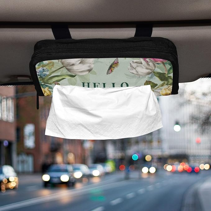 Green Spring Wildflowers Tulip Butterflies Car Tissue Holder Durable Napkin Holder Hanging Tissue Holders Case Car Tissues Bag for Sun Visor Seat Back Universal Auto
