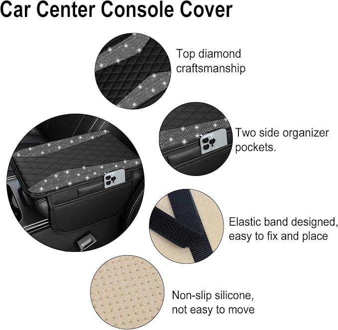 NBTEPEM Bling Car Center Console Cover, Leather Middle Console Cover with 2 Storage Bags, Universal Arm Rest Cover Protector, Bling Car Accessories Interior Fit for Most Vehicles, Black Diamond