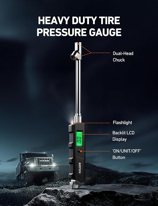 AstroAI Heavy Duty Digital Tire Pressure Gauge 0-230 PSI Calibrated to ANSI B40.7 Grade 2A (0.5%) with Backlit LCD & Flashlight, Stainless Steel for Truck RV Car Motorcycle Bike, 2Pack