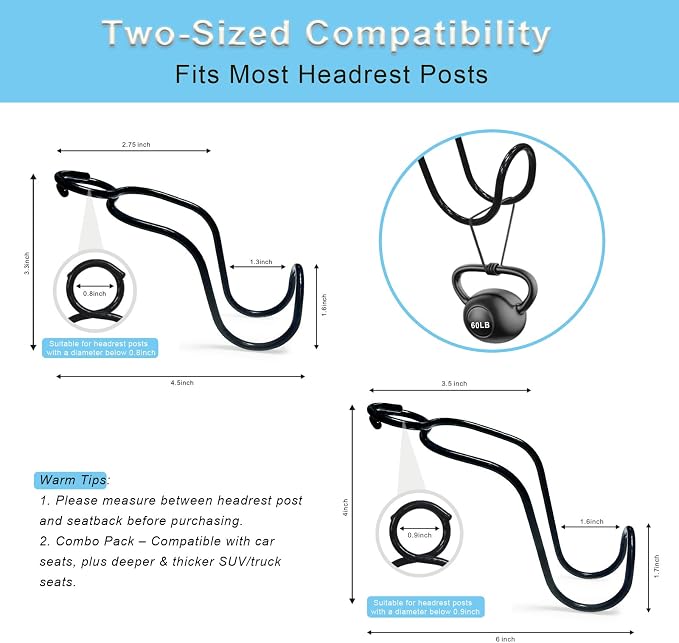4 Pack Purse Hooks for Car SUV Truck Seat Front Back Organizer - 2*S + 2*L | Metal Hanger Headrest Holder for Handbag, Bag, Hardhat, Grocery Road Trip Must Haves Car Gadgets Accessories for Women