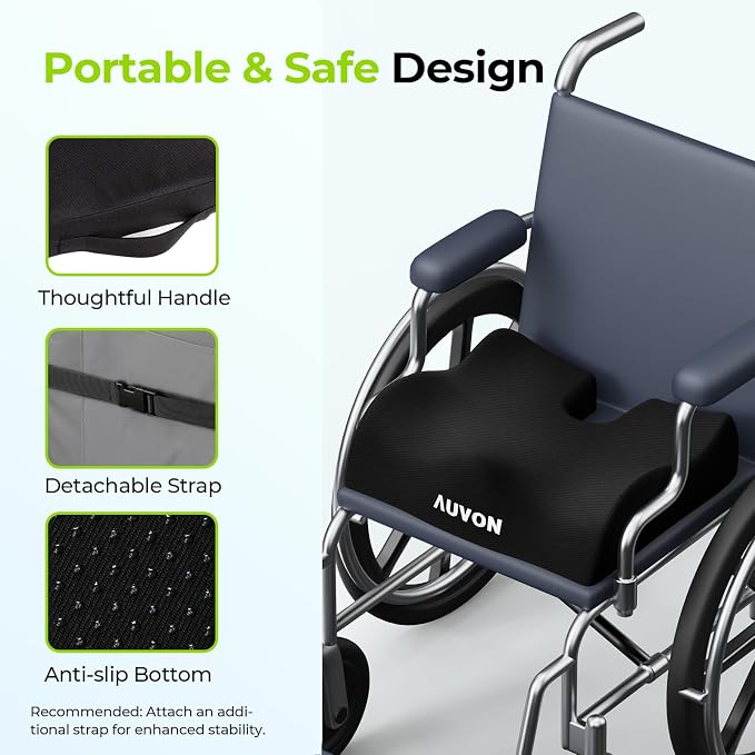 AUVON Anti-Slip Wheelchair Cushions with Front High Rear Low & Hump Design, Ergonomic Seat Cushion to Optimize Sitting Posture, Chair Cushions Relieve Sciatica, Back, Pressure Sore & Ulcer Pain | Ergonomic Chair Cushion with U-Cutout for Tailbone, Back...