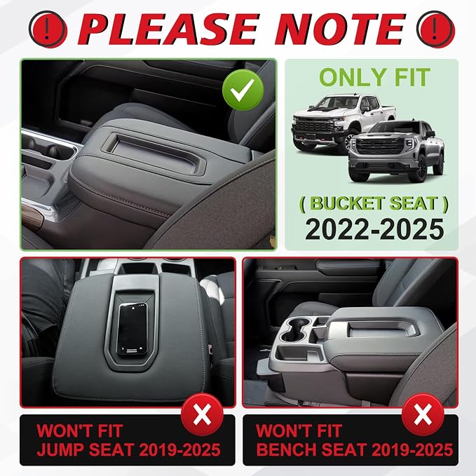 Muslogy Center Console Armrest Cover Fit for Chevy Silverado & GMC Sierra 1500 2500 3500 2022-2026 Accessories, Comfort Armrest Pad Console Lid Cushion Vegan Leather Regular Thick(Bucket Seat ONLY)