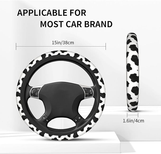 Cow Print Steering Wheel Cover - Cow Cattle Print Steering Wheel Cover Anti-Slip Breathable for 15 in Universal 2 Pcs Car Interior Cup Holder Pad for Men Women
