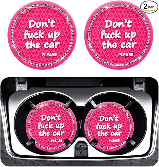Ohleats 2 PCS Bling Car Cup Coaster, 2.75 Inch Non-Slip Don't Fuck Up My Car Please Cup Holder Insert Coaster, Crystal Rhinestone Auto Drink Cup Mat, Universal Car Accessories (Rose Red)
