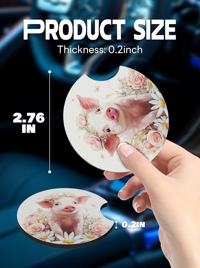 WOCOCN Car Coasters,Cup Holder Coasters for Car,2.75inch Anti Slip and Absorbent,Cute Automotive Interior Accessories for Cup Holder,Pack of 2 (Flower Wreath Pig)