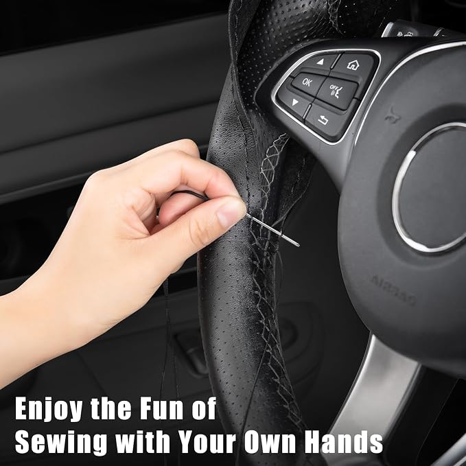 SEG Direct Genuine Leather Steering Wheel Cover, Stitch On Wrap, Breathable Cowhide Steering Wheel Wrap, Standard Size 15 Inch, for Car Truck SUV Pickup Boat, DIY Sewing with Needle Thread, Black