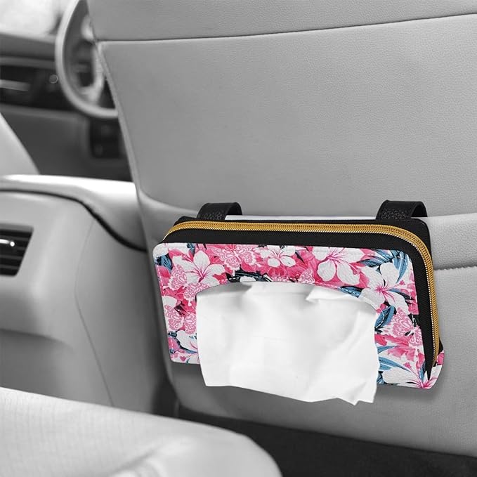 Pink Tropical Flower Car Visor Tissue Holder for SUV Sedans Vans Tropical Flower Premium Car Tissue Box PU Leather Wear Proof Universal Fit