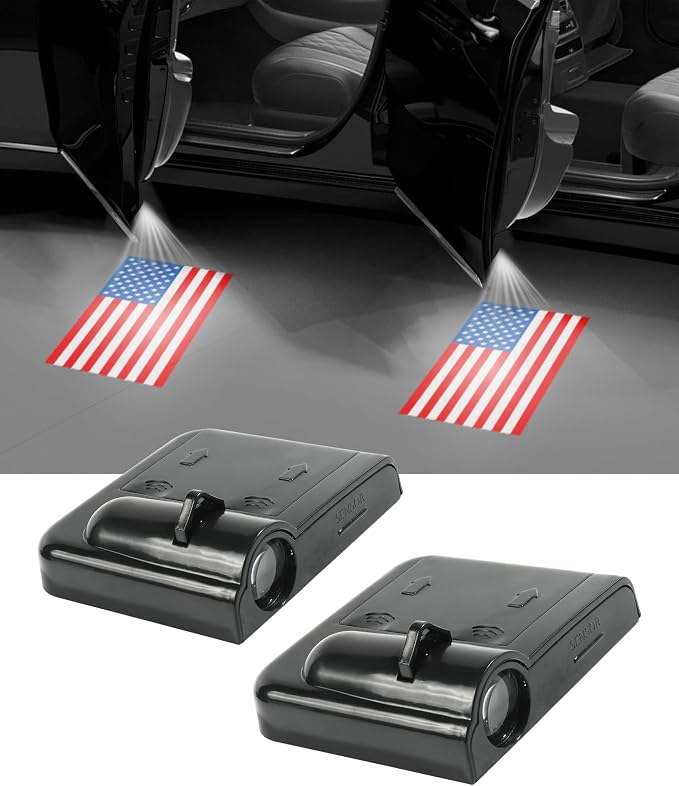 2PCS Car Door Lights,Car Accessories Wireless LED Logo Door Projector Light,Automotive Running Board Light Assemblies,Welcome Lights for Cars,Suitable for Most Cars (Red American Flag)