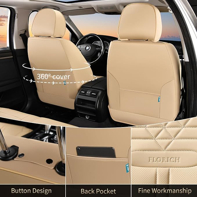 FLORICH Seat Covers, Car Seat Covers Full Set, Luxury Nappa Leather Seat Covers, Breathable and Waterproof Car Seat Protector 5 Seat, Automotive Seat Covers Universal Fit for Most Cars-Beige