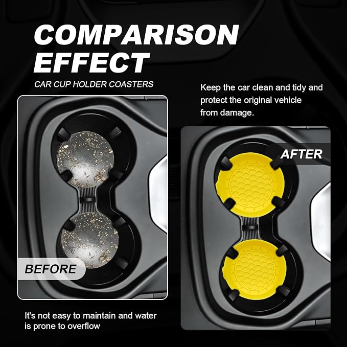 4-Pack Universal Cup Holder Coasters, Black Silicone Inserts - Keep Your Car Clean with Non-Slip & Spill-Proof Coasters for All Vehicles (Yellow)