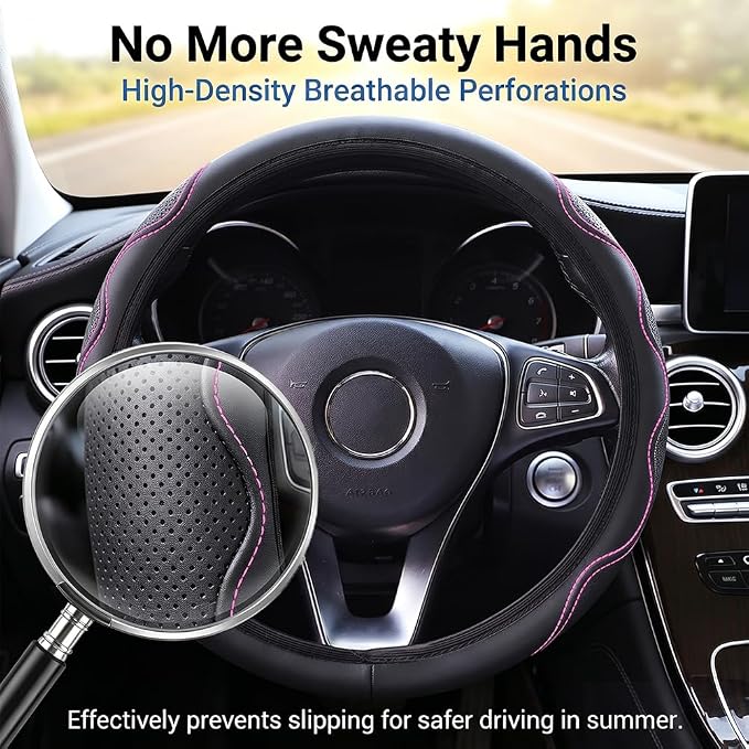 Elastic Steering Wheel Cover Black and Pink Universal 14-15 inch | Leather Car Steering Wheel Covers Stretch Microfiber Breathable Anti-Slip Car Accessories Fit for Suvs, Vans, Trucks
