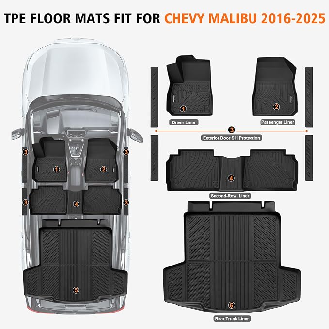 All Weather Floor Mats Cargo Liner for Chevy Malibu 2016-2023 2024 2025, TPE Rubber Floor Liners Anti-Slip Full Set with Door Sill Protectors Automotive Mats for 2025 Chevy Malibu Accessories