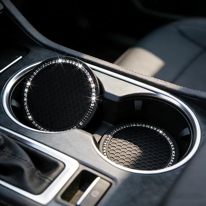 Yousheng Bling Car Cup Coaster, Universal Holder Insert Rhinestone Anti Slip Silicone Accessories Suitable for Most Interior, Best Gift Women, Black and Black, 2 Count (Pack of 1)