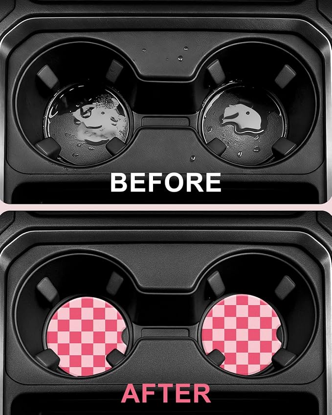 Swooflia Car Coasters for Women - Light and Dark Pink Checkered Ceramic Car Cupholder Coaster Absorbent Mat Coaster with Cork Base 2 Pack 2.55 inch Automotive Cup Holder Accessories New Driver Gifts