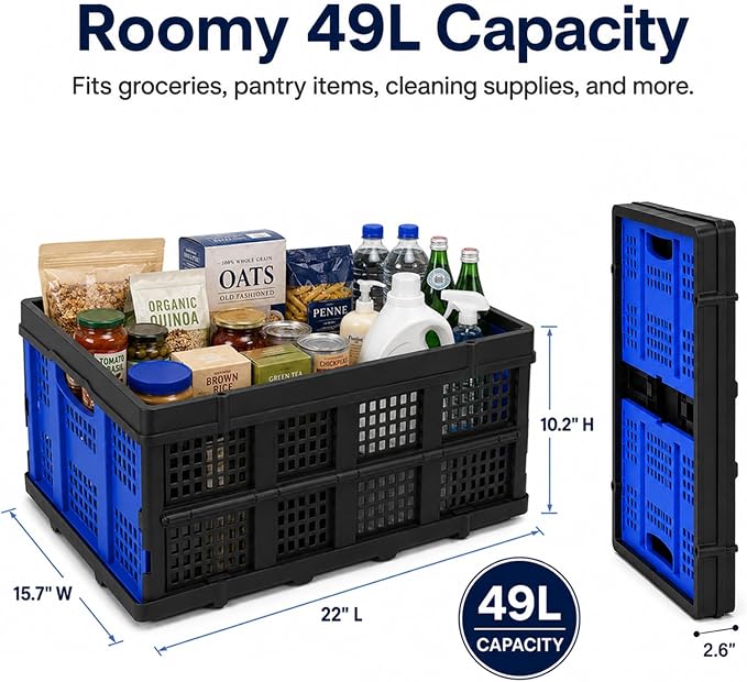 Collapsible Storage Crates 3 Pack, Stackable Foldable Storage Bins for Garage, Car Trunk, Warehouse & Home Organization, Heavy Duty Plastic Utility Crates, 49L, Blue