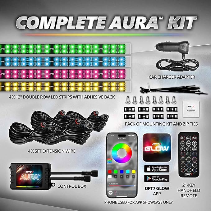 OPT7 Aura Pro Double Glow Interior Sports Car Lights with App & Remote | Ultra Bright Ambient Glow, Multicolor Double LED Strips, Car Meet Decor, 12V JDM Accessories, Music Sync Lighting, 4PC Kit