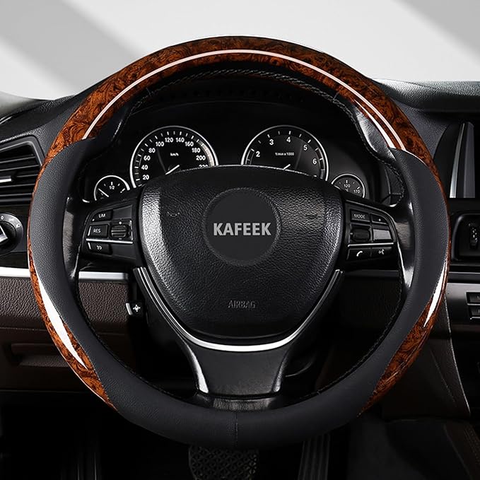 KAFEEK 16 inch Steering Wheel Cover for Ford F150 F250 Ram 4Runner Tacoma | Wood Grain Design with Microfiber Leather, Anti-Slip, Comfortable Grip, Easy to install
