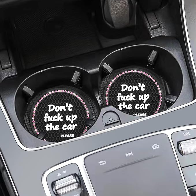 2 Pack Bling Car Coasters for Cup Holder, Crystal Rhinestone 2.75 in Cup Holder Coaster, Silicone Anti-Slip Insert Cup Mats for Women, Interior Accessories Universal for Most Cars (Black/Pink)