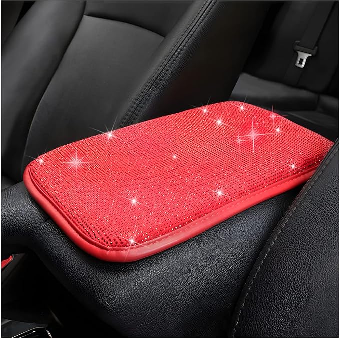 Moly Magnolia Bling Center Console Cover, Diamond Fashion ArmRest Pad, Crystal Soft Arm Rest Protective Cushion, Car Accessories for Women Girls, 11.8"×8.5" for Most of Vehicles, SUVs, Trucks (Red)