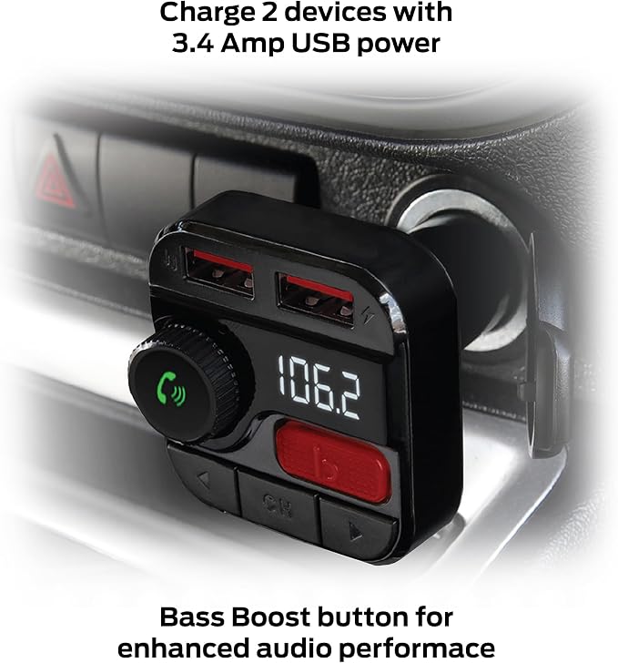Monster Bluetooth FM Transmitter for Car Cigarette Lighter, Bass Boost, Track Back/Forward, Volume, Play/Answer Buttons, Micro SD Card Slot, Microphone, 2 USB Chargers, Google Voice & Siri Compatible