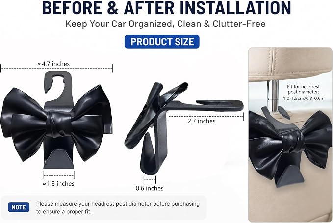 2 Pack Car Purse Holder for Handbags and Bags, Headrest Back Seat Hooks for Cars, Car Bag Hanger for Groceries, Coats, Umbrellas and Daily Essentials, Bow-Shaped Car Interior Organizer (black)