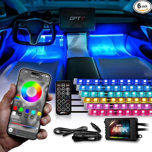 OPT7 Aura Pro Multicolor Interior SUV & Van Lights w/App & Remote, 6PC Kit | Extended Interior Lighting, RGB Ambient Footwell Glow, Full SUV Coverage, Sound Sync, 3-Row Car Decor, 12V LED Strips