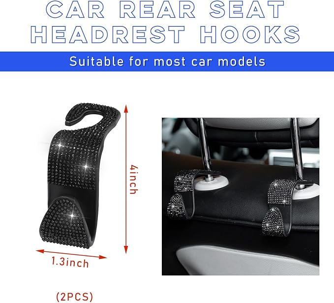 Ohleats 2 PCS Bling Car Seat Headrest Hooks, Crystal Rhinestone Back Seat Hanging Storage Organizer, Vehicle Seat Hanger Holder for Purse Handbag Coat, Interior Car Accessories (Black)
