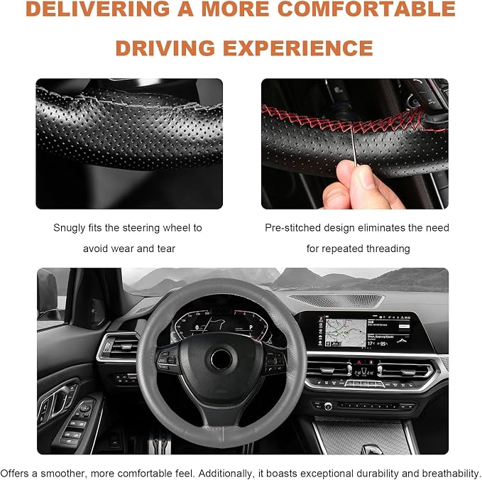 Genuine Leather Steering Wheel Cover, 15 Inch Stitch on Wheel Wrap with Needles & Threads, Breathable Steering Wheel Protector DIY Sewing Wrap for Car Truck SUV (Gray, Full Hole)