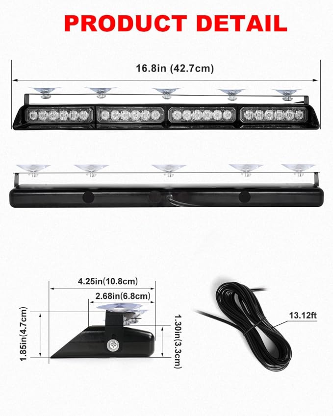HLauto 6Z4J Emergency Dash Strobe Lights: 2x16.8 inch Red White Safety Lights, 48 LED Flashing Warning Hazard Interior Windshield Visor Traffic Light Bar for Trucks, Construction Vehicles