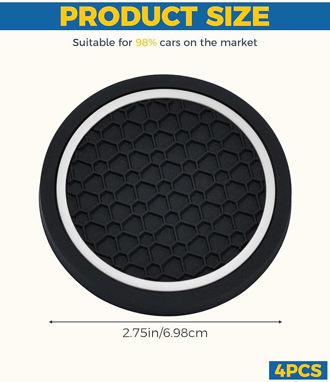 4PCS Car Coasters, Car Accessories Interior, 2.75 Inch Non-Slip PVC Round Coasters for Cup Holders, Black